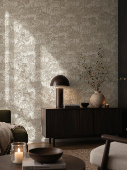 Cosiness non-woven wallpaper featuring a woodland scene in beige and white
