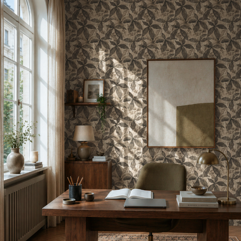 [Translate to English:] Florale Vliestapete im Homeoffice in Beige und Grau
