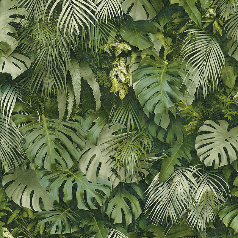 Behang groen blad bos, realistisch, kleuraccenten