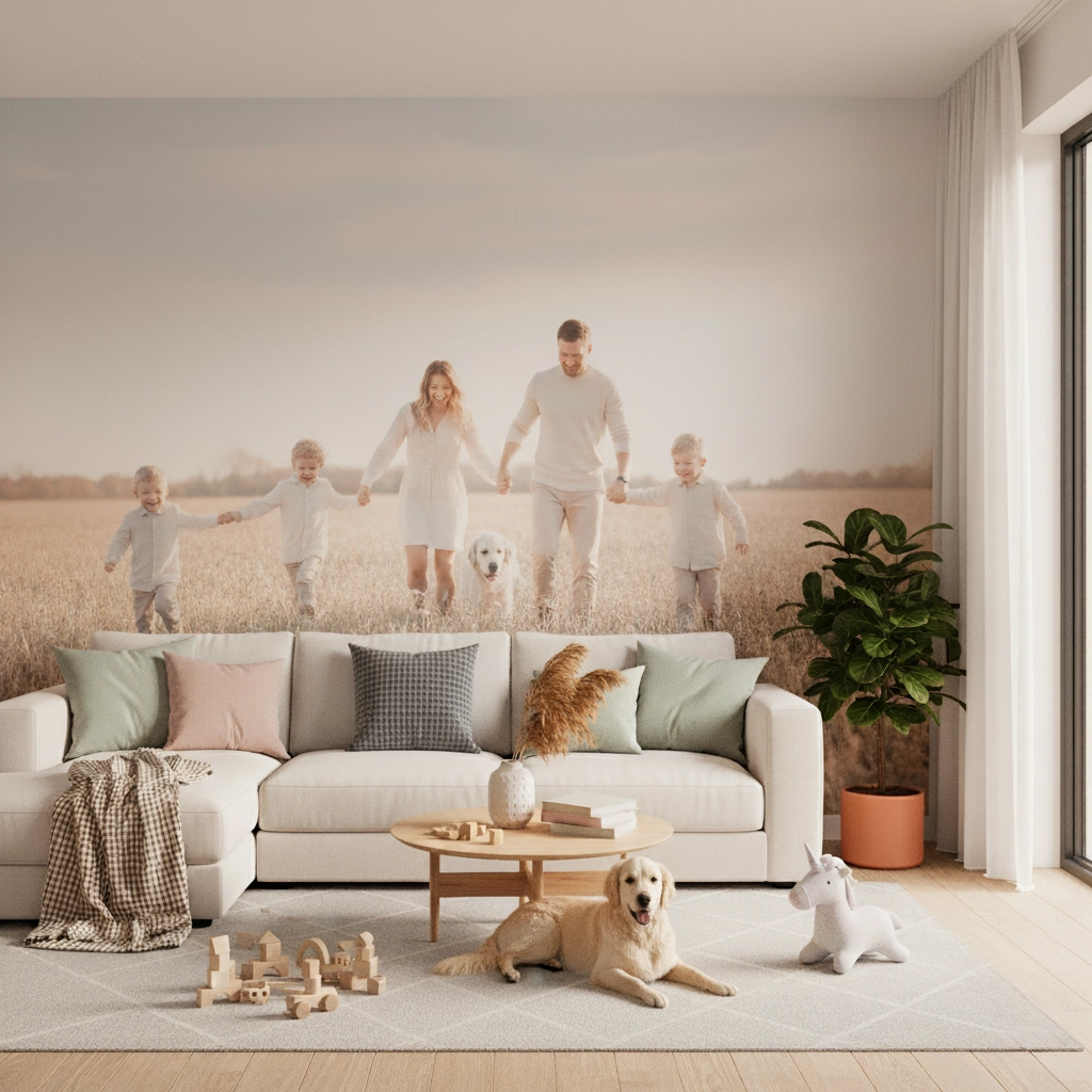 Papier peint photo avec votre propre motif : une famille dans le salon