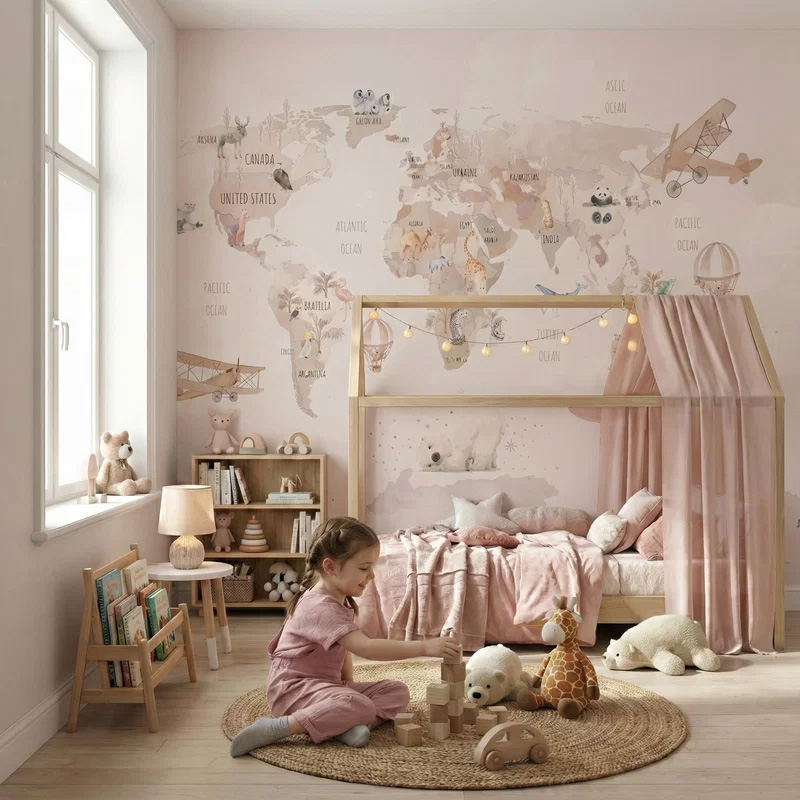Papier peint photo pour chambre d'enfant : carte du monde rose