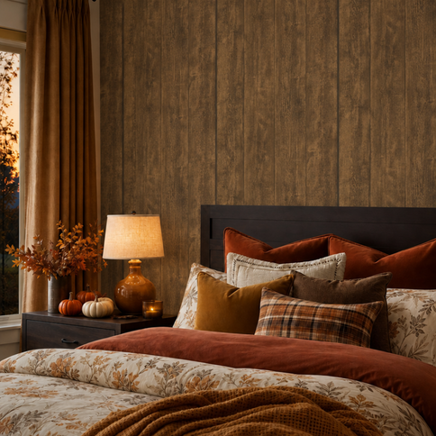 Chambre à coucher aux couleurs automnales avec du papier peint imitation bois marron