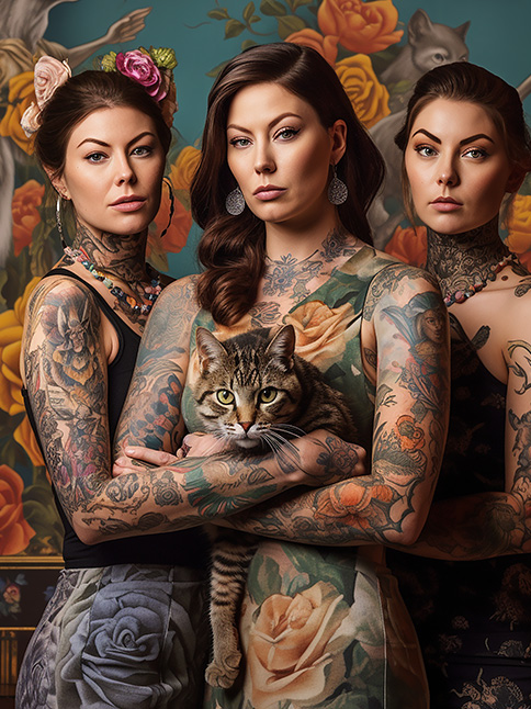 Three women with a cat in front of floral wallpaper