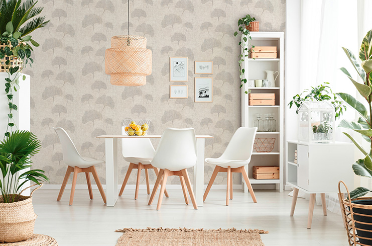 wallpaper ginko leaves metallic effect, linen look- beige, silver, brown