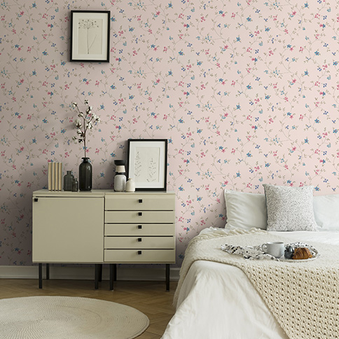 Photo de chambre papier peint à motif floral bleu rose