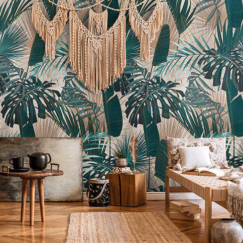 Photo de chambre Papier peint à motif vert avec des feuilles dans un style bohème