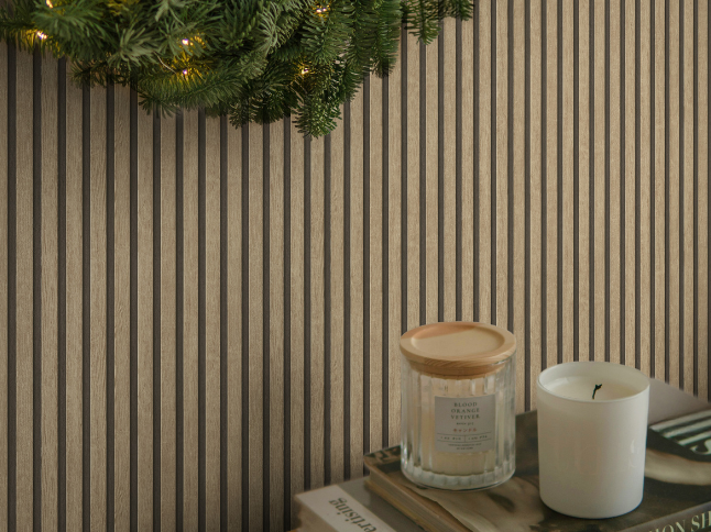 Wood-effect wallpaper with panel pattern – beige, brown