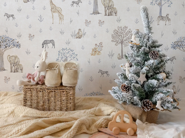 Children's room non-woven wallpaper Safari Adventure – Cute jungle animals in soft natural colours