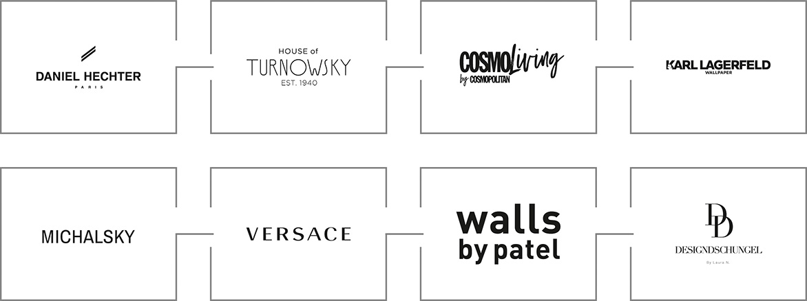 Darstellung der Lizenz-Marken Daniel Hechter, House of Turnowsky, COSMOLiving by Cosmopolitan, Karl Lagerfeld, Michalsky Living, Versace, walls by patel der A.S. Création Tapeten AG