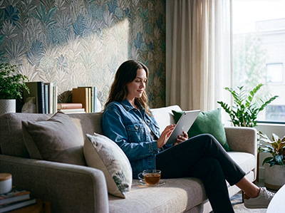 Frau auf Sofa vor Tapete