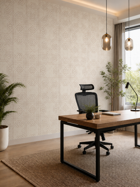 Büroraum mit grafischer Fototapete in Beige