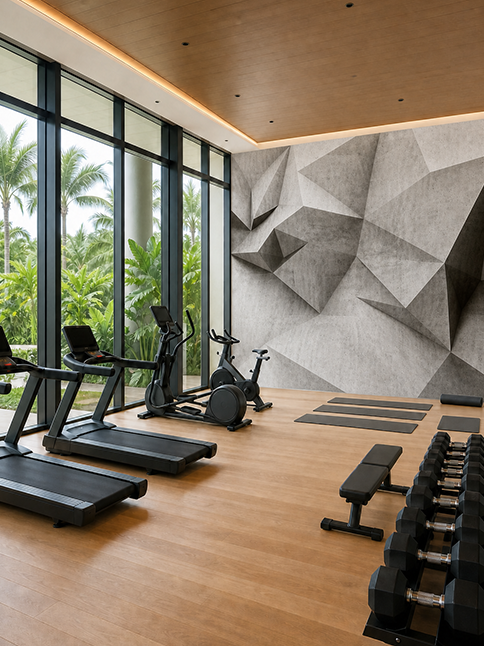 Hotel-Gym mit Felswand-Tapete in grau