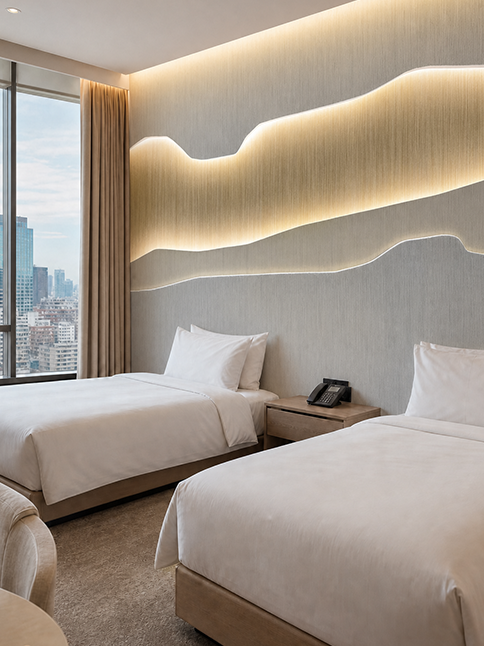 Hotelzimmer mit abstrakter Fototapete mit LED-Optik in beige