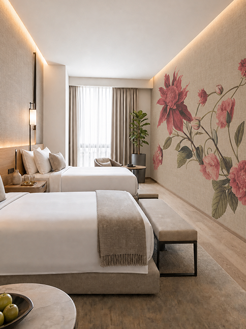 Hotelzimmer mit Blumentapete in pink und beige