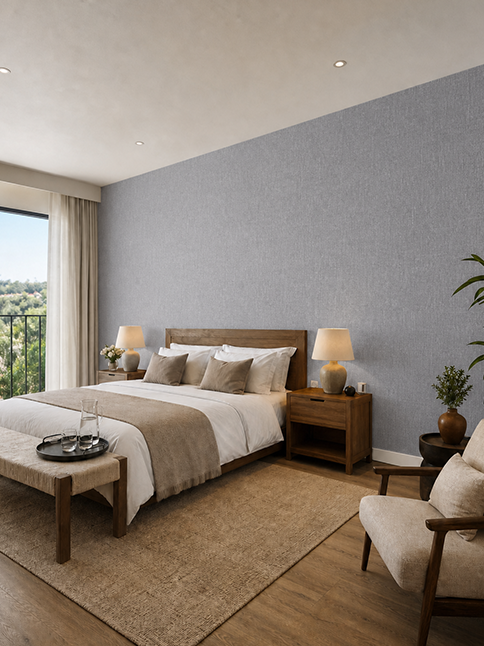 Hotelzimmer mit grauer Unitapete