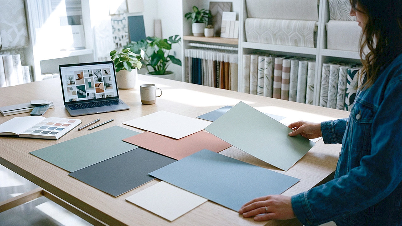 Schreibtisch, Tapetenabschnitte, Laptop