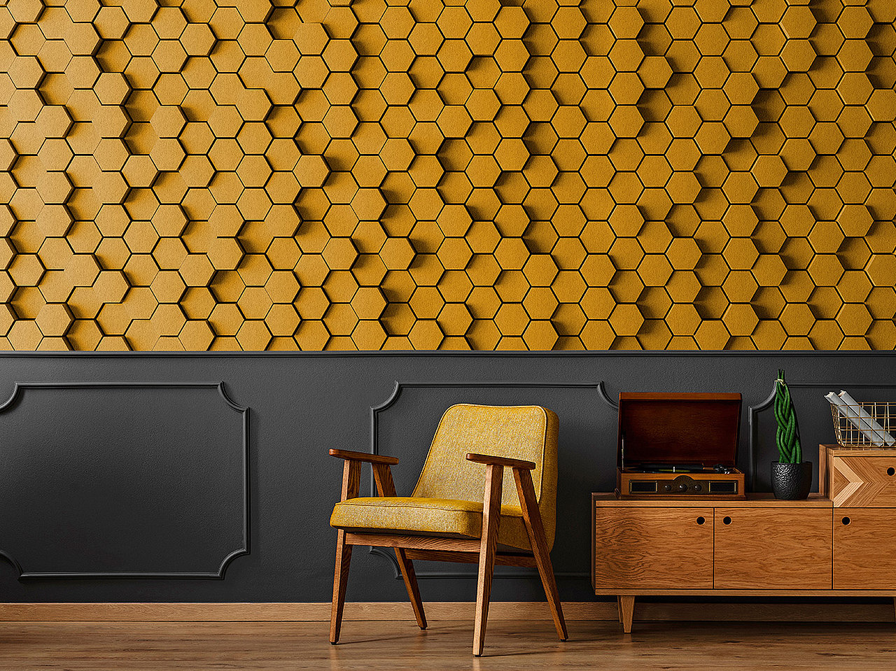 Honeycomb 1 – 3D muurschildering met geel honingraatmotief