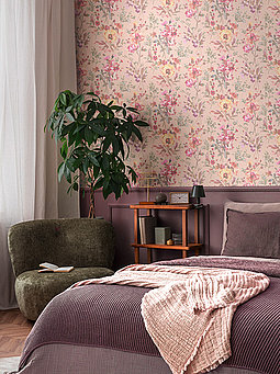 Raumbild florale Tapete rosa