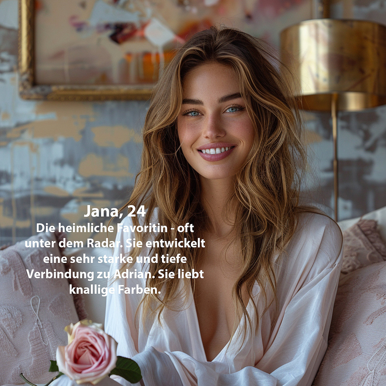 Bachelor Favoritin Jana in der Villa Kapstadt mit Tapete im Hintergrund