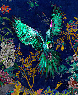 Wall mural flowers & parrot intensive colours