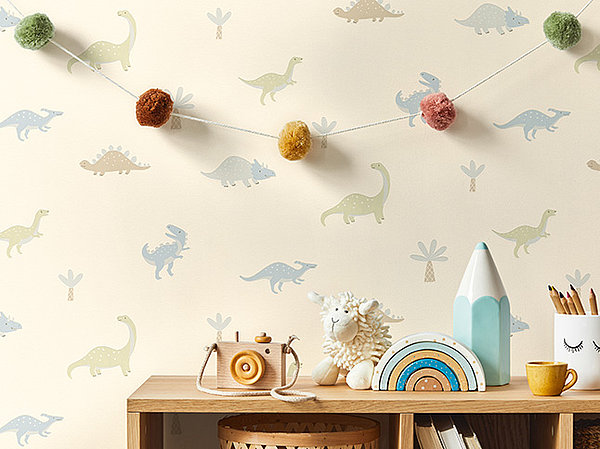 Beige Kinderzimmertapete Dinosaurier